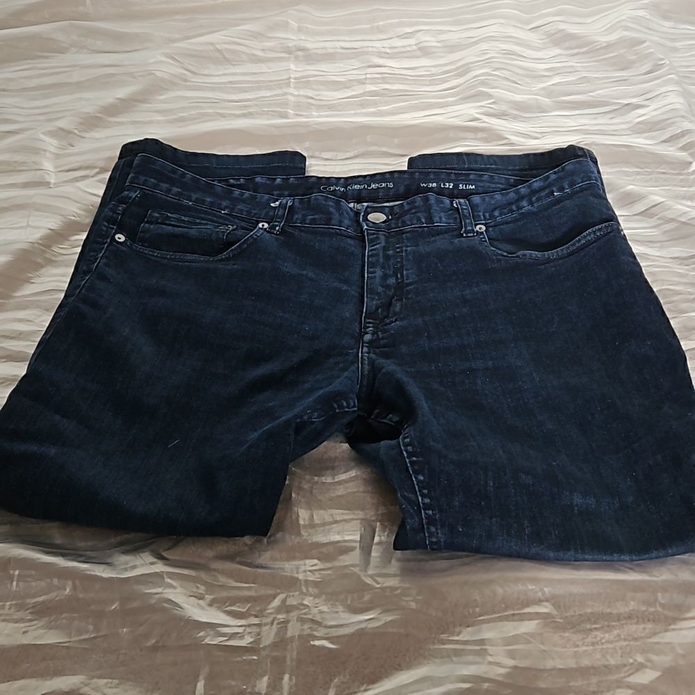 Calvin Klein Men Slim Fit Jeans 38×32 Dark Blue Washed - Picture 15 of 16